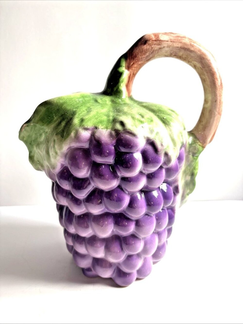 Vintage Art Pottery Ceramic Jug Pitcher PURPLE Grape Embossed Italy
